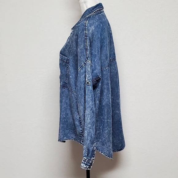 LIVERPOOL Jeans Washed Out High Low Button Up Split Back Top Large - Picture 7 of 13